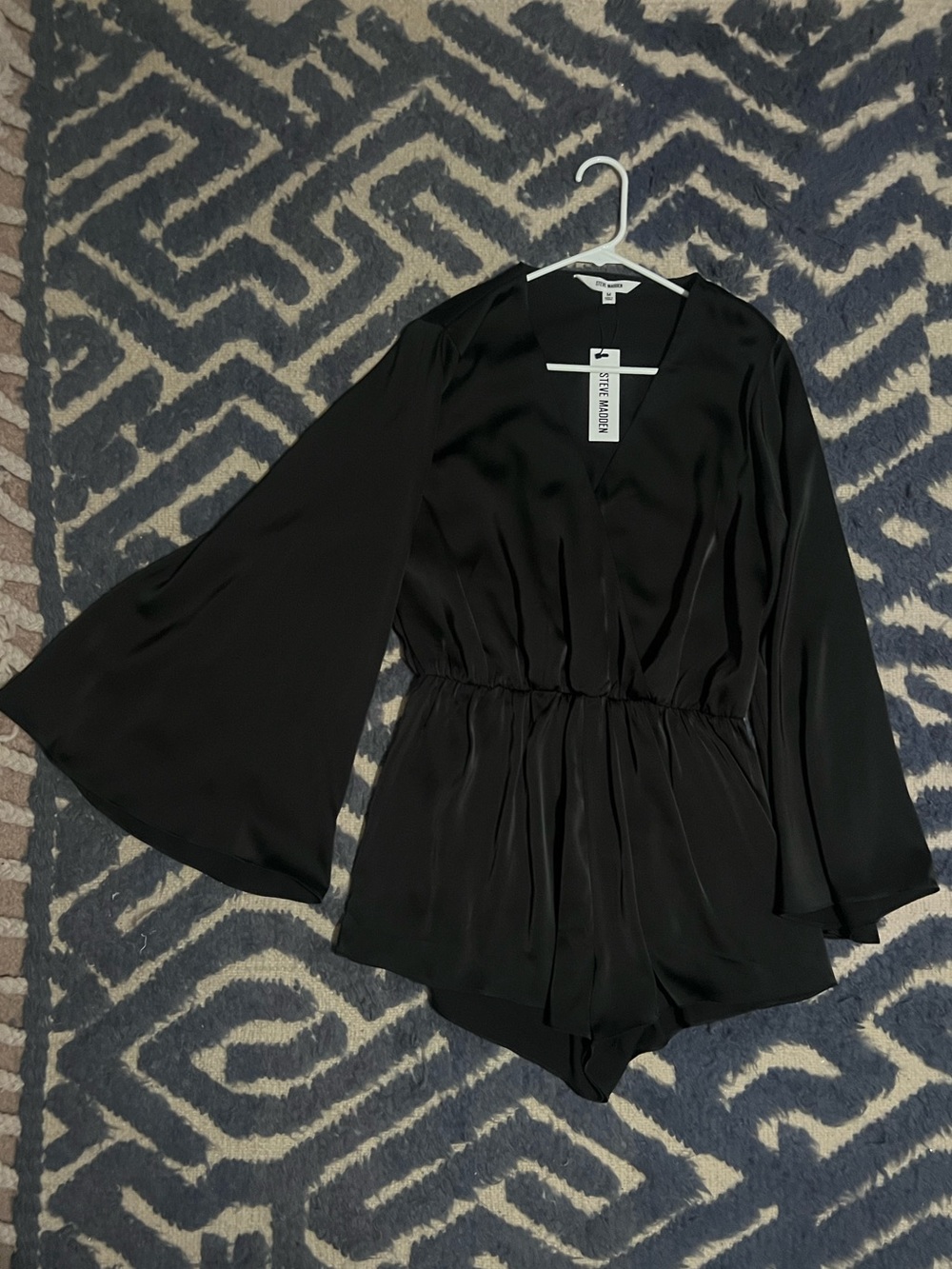 Steve Madden Black Satin V-Neck Bell Sleeve Romper